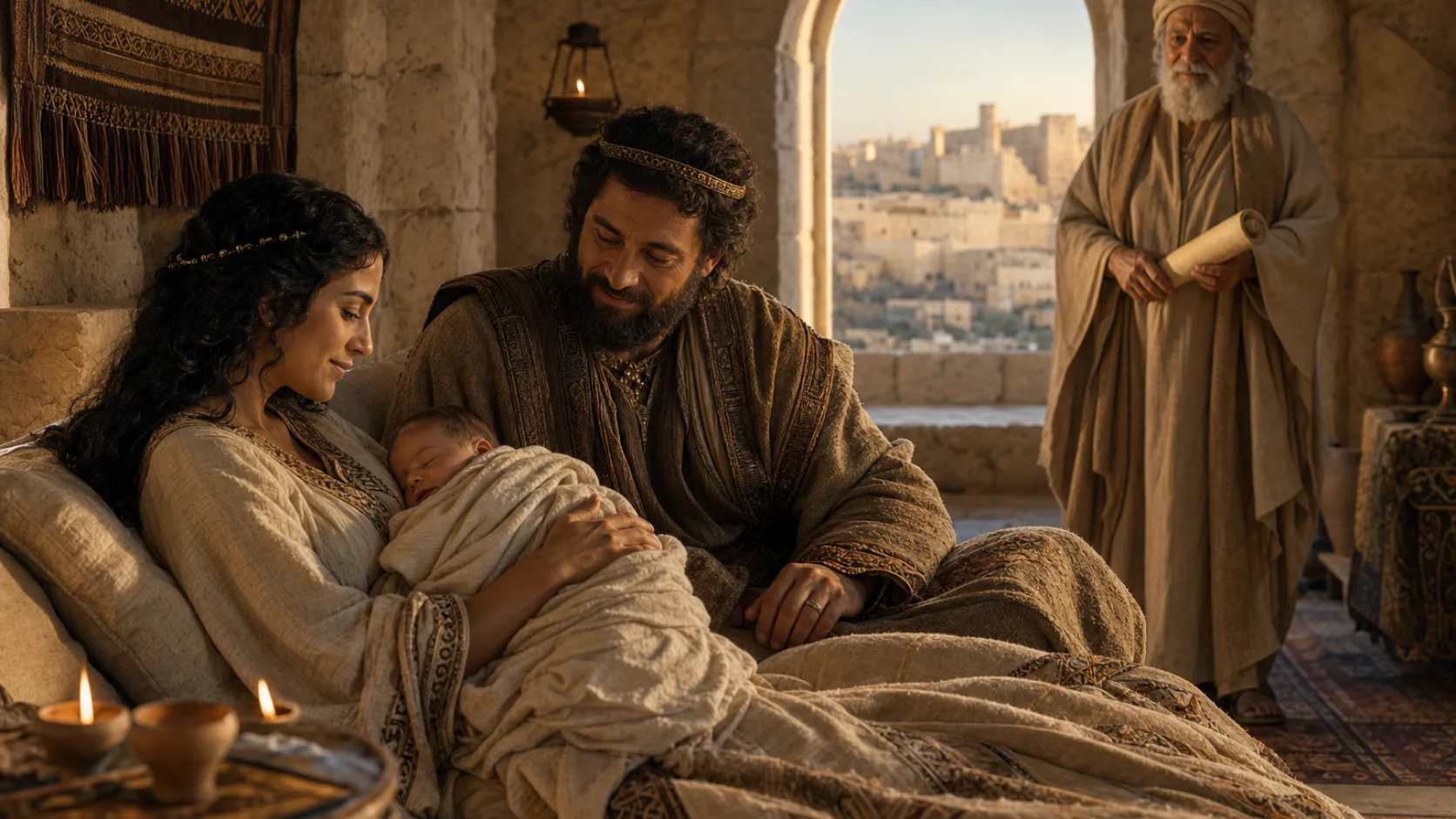 Biblical scene illustrating The Birth of Solomon