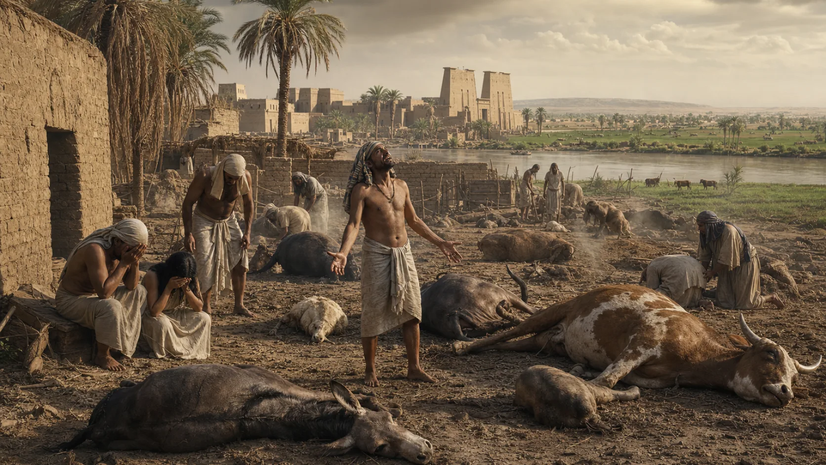 Biblical scene illustrating The Fifth Plague: Death of Livestock