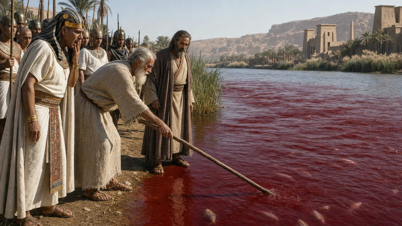 Biblical scene illustrating The First Plague: Water Turned to Blood