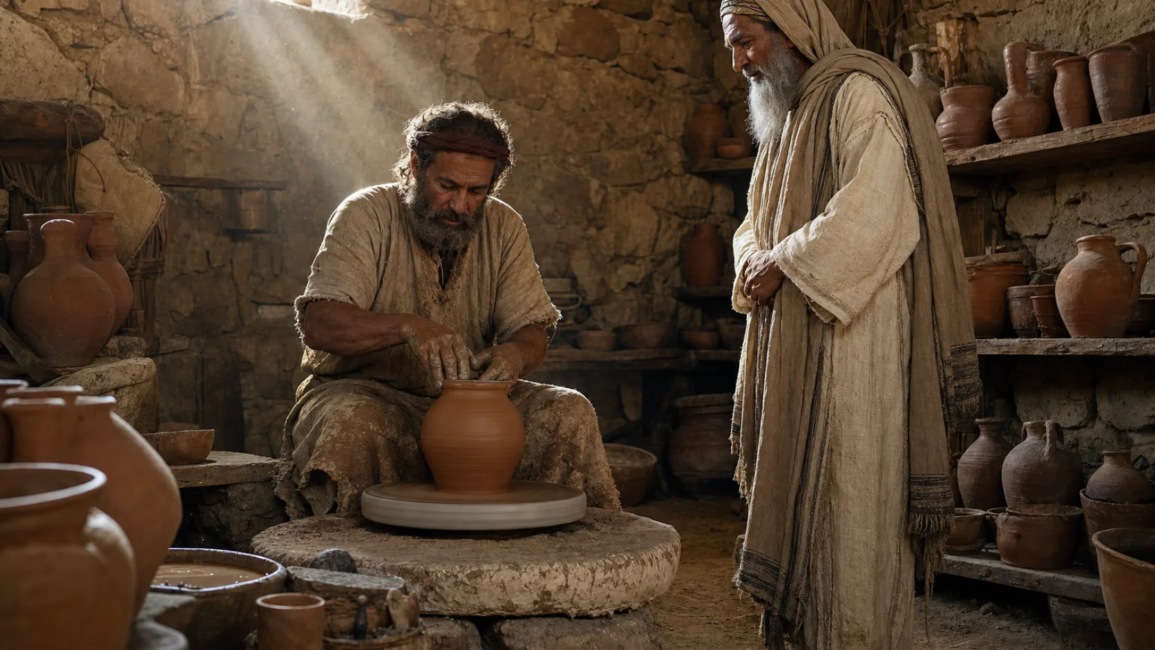 A biblical potter shaping wet clay on a wheel