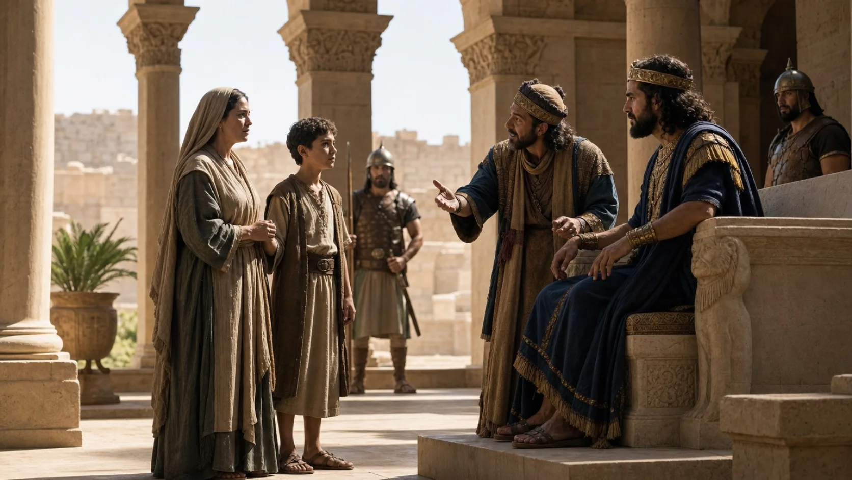 Biblical scene illustrating The Shunammite Woman Returns and Regains Her Land