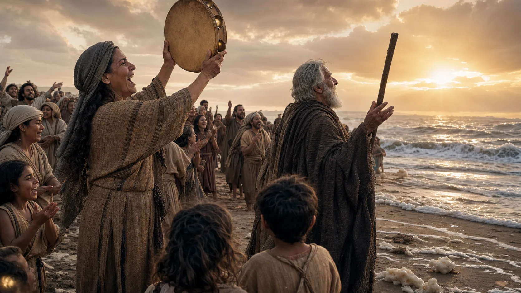 Biblical scene illustrating The Song of Moses and Miriam