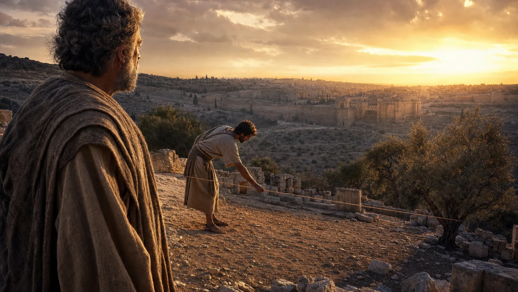 Zechariah’s Measuring Line in a detailed biblical historical scene