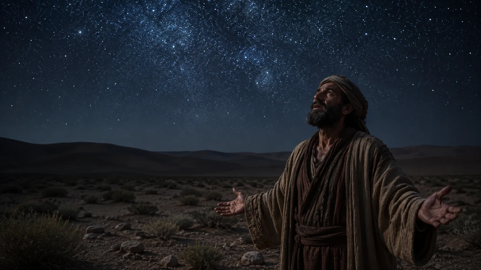 An ancient Near Eastern man gazing in awe at a vast starry sky in the desert.